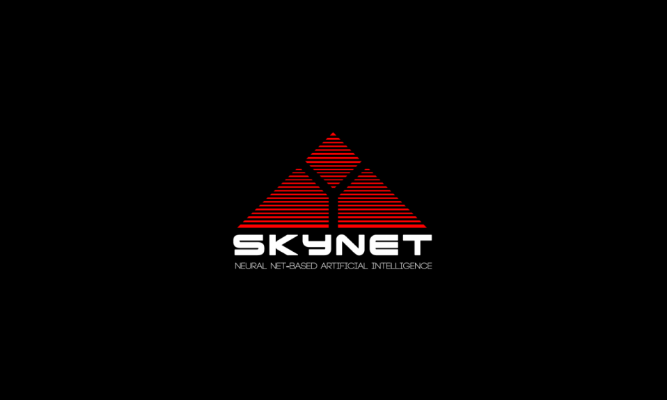 Logo Skynet, intelligence artificielle, fond noir.