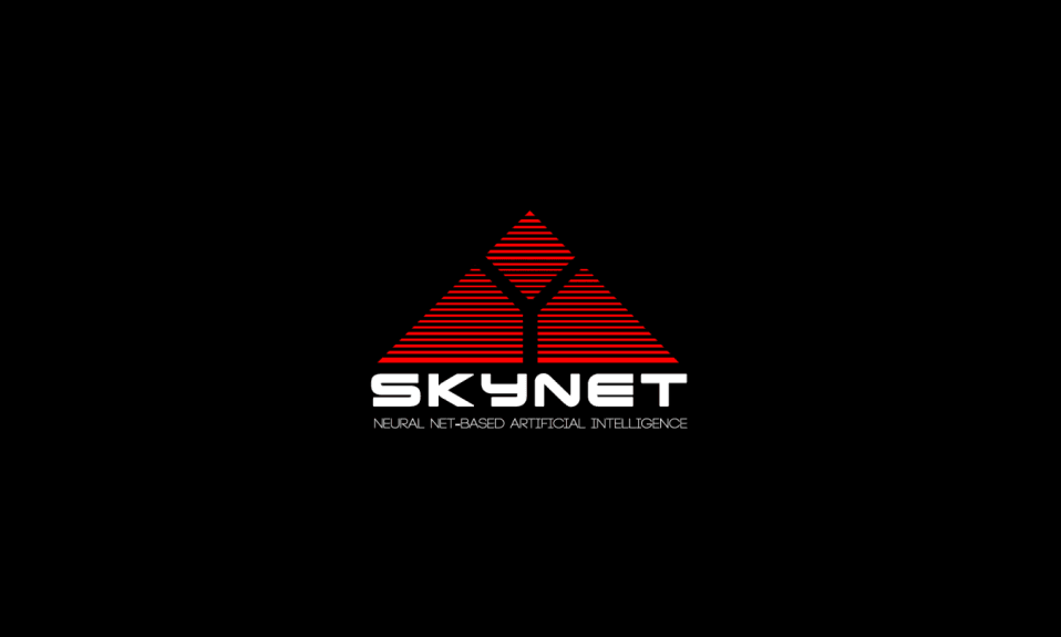 Logo Skynet, intelligence artificielle, fond noir.