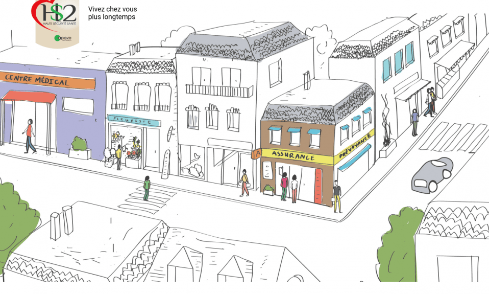 Illustration de rue commerçante avec piétons et magasins.