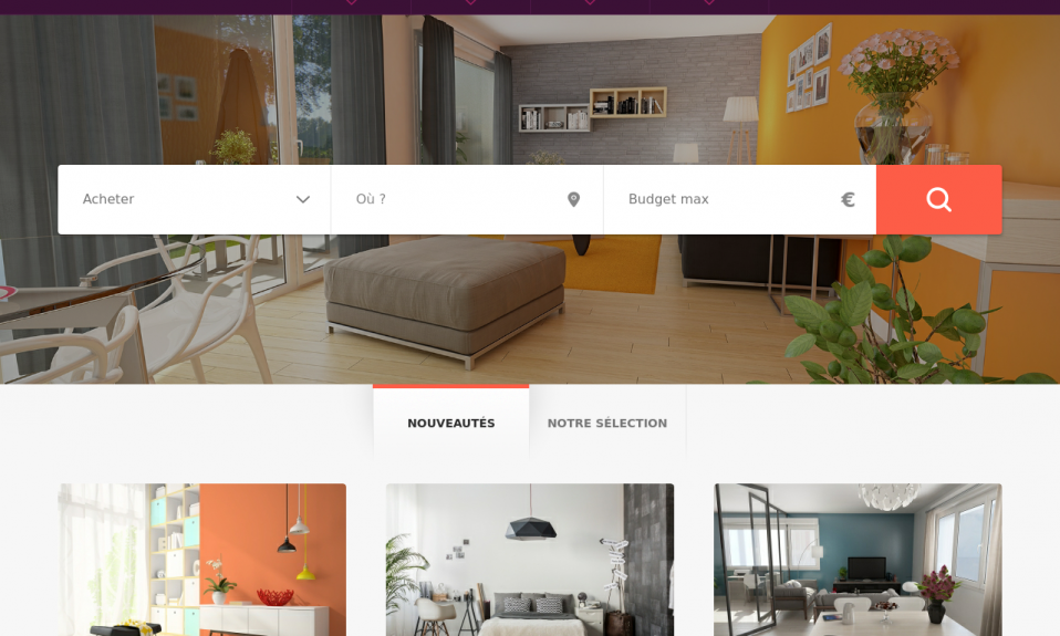 Site immobilier, appartements neufs, interface de recherche.